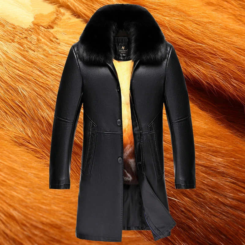 

Winter 2021 Men's Clothing Leather Middle-Aged Elderly Fox Collar Overcoming Mid-Length Gold Rex Rabbit Liner Fur Male Jacket