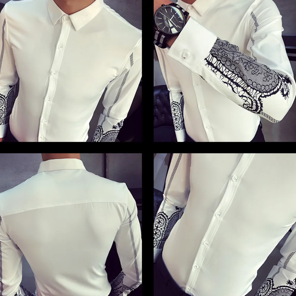 Мужские рубашки с длинным рукавом Дизайнерские повседневные принтом белые