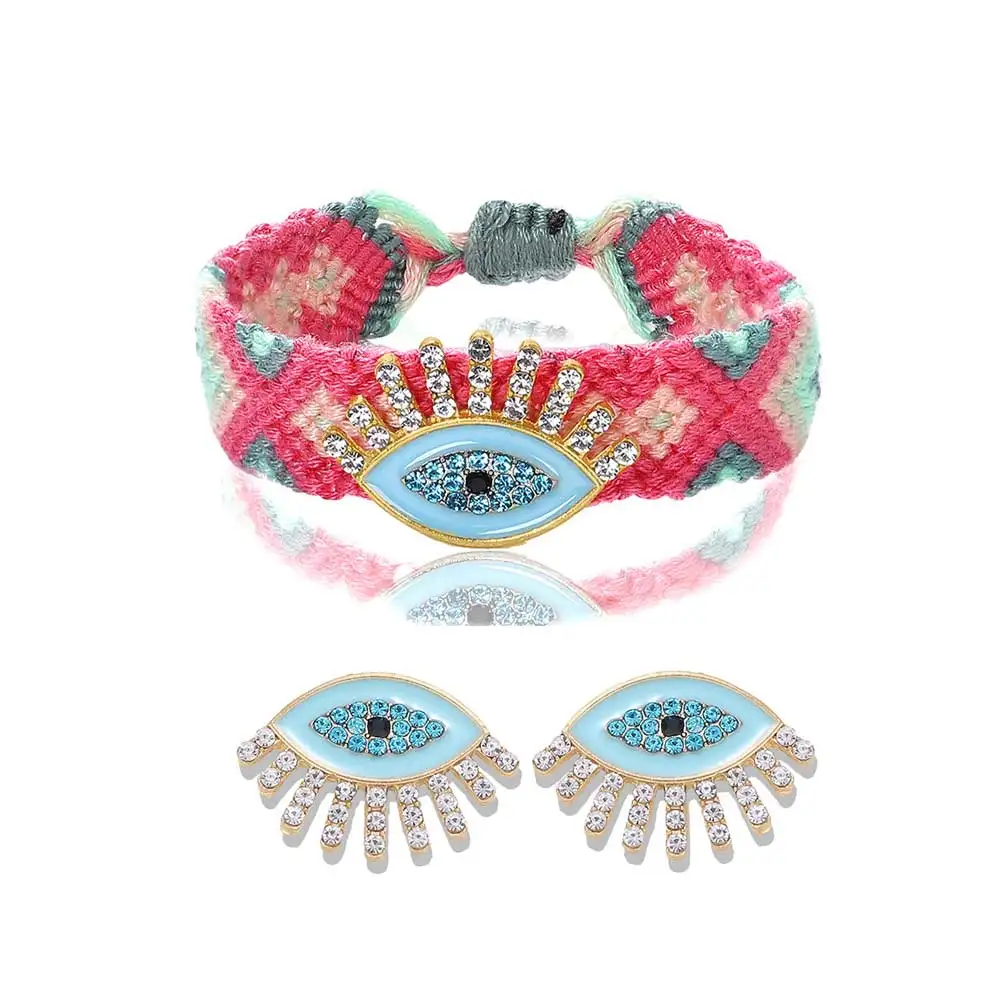 Dvacaman Evil Eye Женские Ювелирные наборы Бохо ручной работы тканая хлопковая веревка цепочка браслет и кристалл серьги-гвоздики оптом подарки - Окраска металла: 4