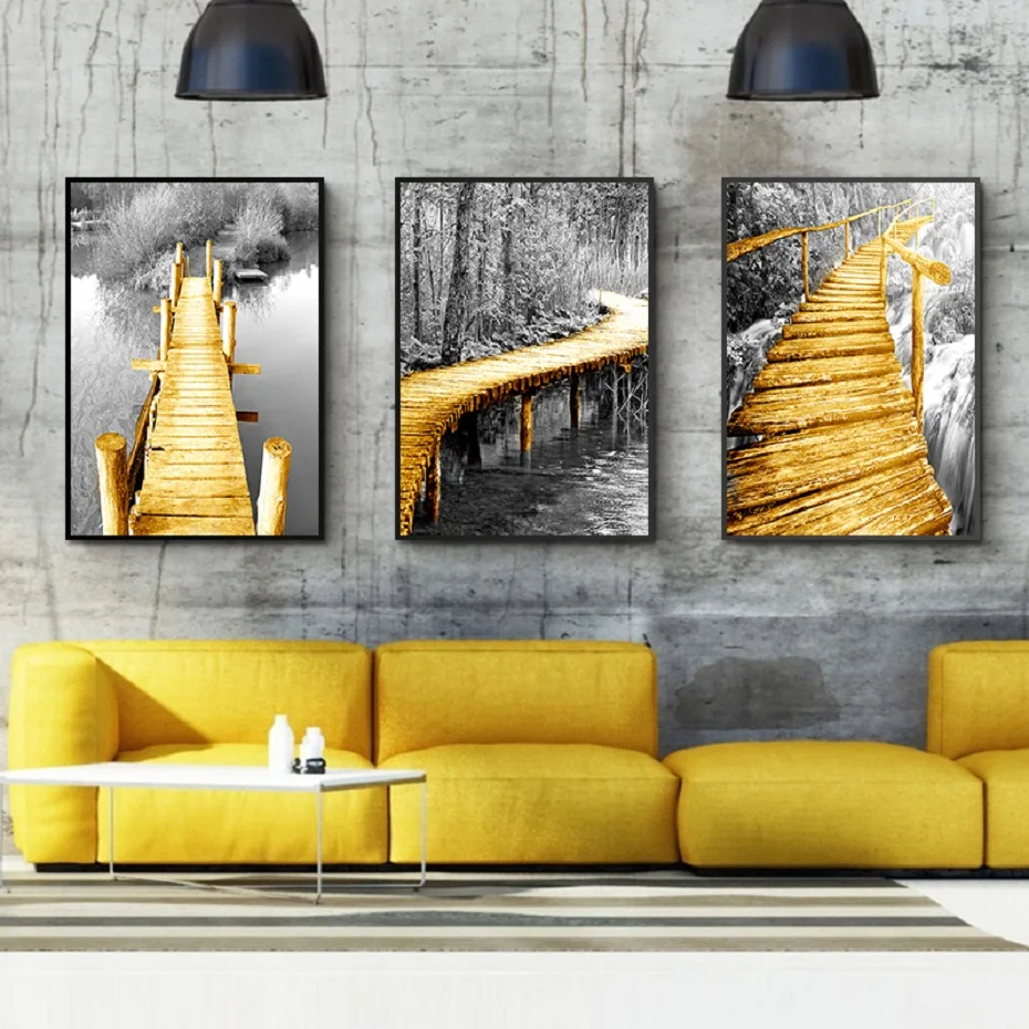 

Nordic Yellow Wooden Bridge Black White Scene Posters and Prints Decorative Landscape Wall Art Pictures for Living Room Decor