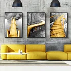 Плакаты и принты в скандинавском стиле с желтым деревянным мостом, черно-белые, декоративные настенные картины с пейзажем для декора гостиной
