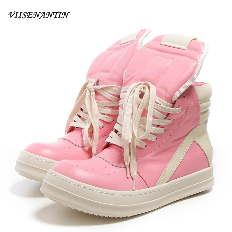

High-top Pink Genuine Leather Causal Trendy Sneakers 2021 New Autumn and Winter Thick-soled Increased Couple Ankle Boots