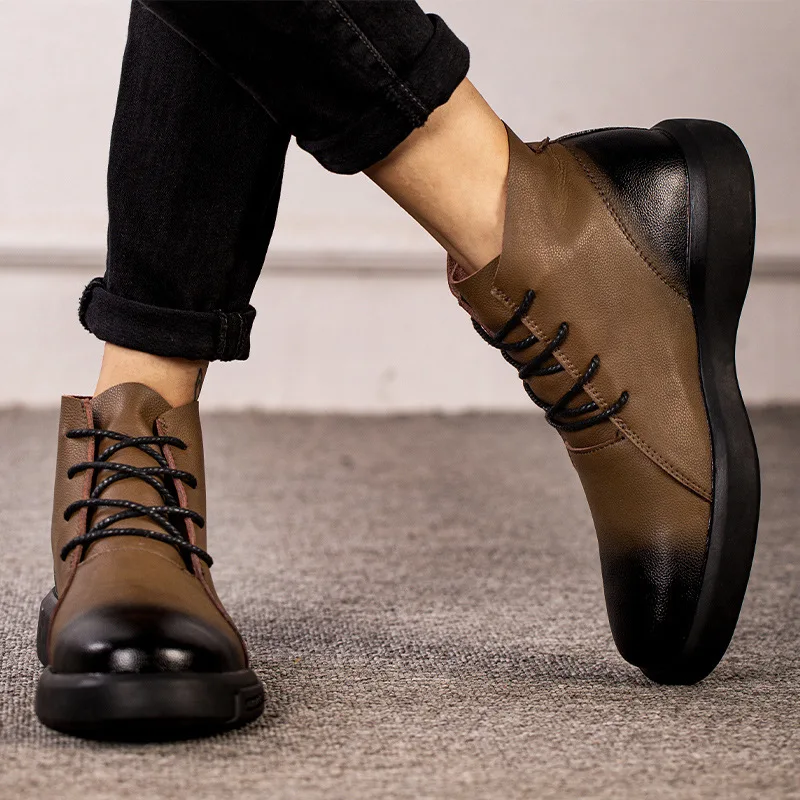 Ботильоны мужские кожаные резиновые на шнуровке в стиле ретро | Обувь