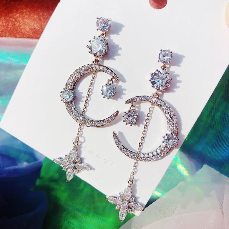 

Elegant Fashion Korean Rhinestone Moon Drop Earrings For Women Crystal Flower Boucle D'Oreille Party Jewelry Gifts