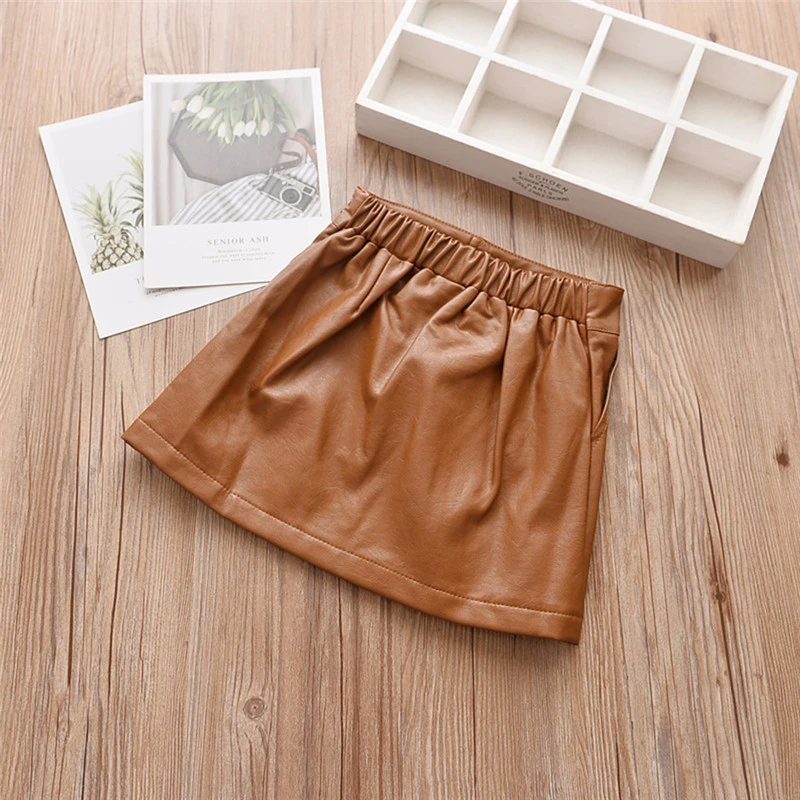 Spring Autumn Pu Leather Skirt for kids Baby Girls Clothing  Button Design Pleated Skirts Children Clothes
