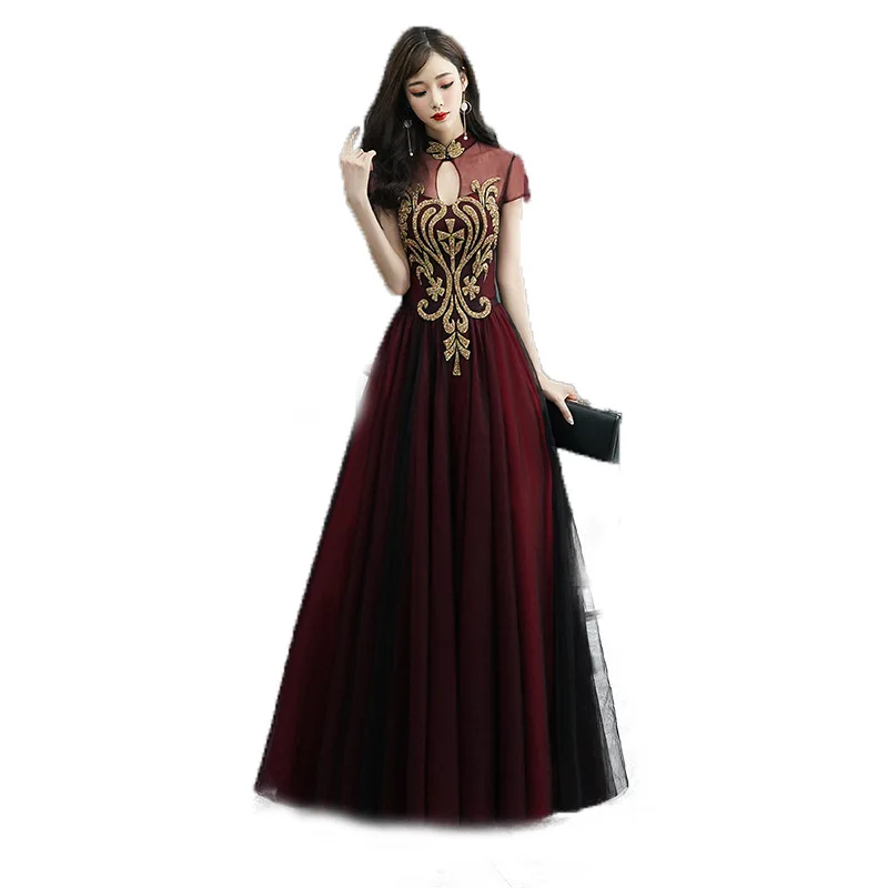 

Office Lady Chinese Evening Party Dress Sexy Vintage Long Banquet Gown Elegant Temperament Exquisite Appliques Prom Dresses