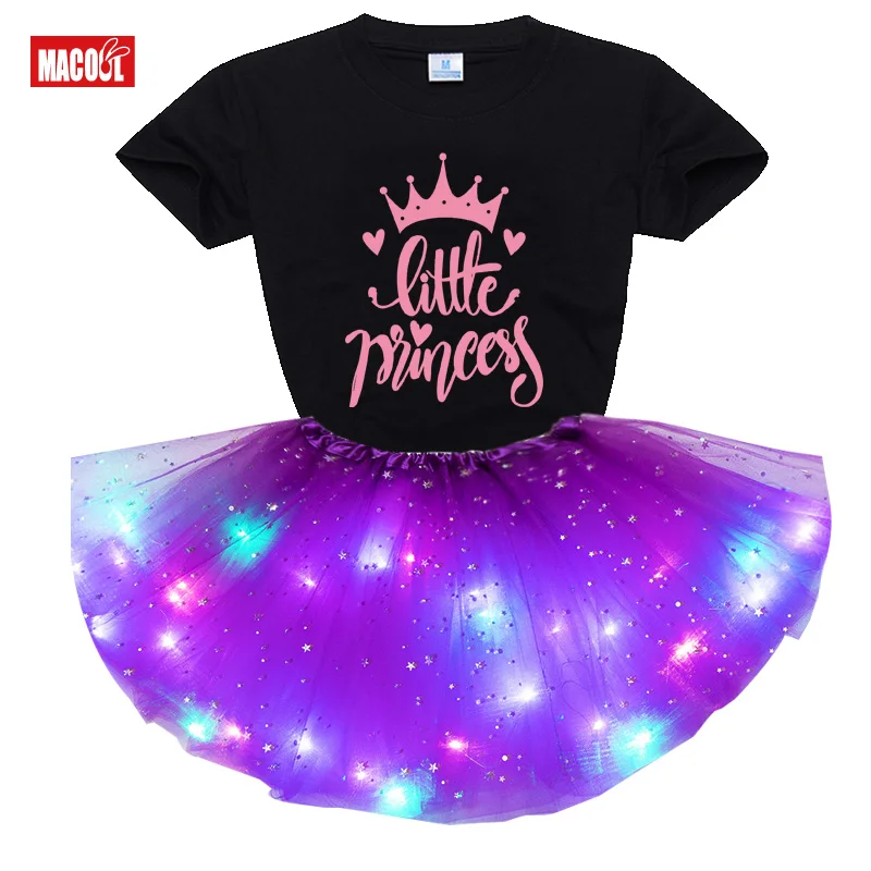 Rainbow Tutu Set Girls Outfits Skirt Tutu Dress Set Party Kids 2021 Summer Clothing Children Clothes Suit Kids Toddler Led Light