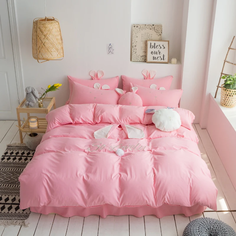 Washed Cotton Princess Style Home Soft Duvet Cover Pillowcases Bed Sheet 4 Pcs Linen Ruby Pink White Blue Queen Girls | Дом и сад
