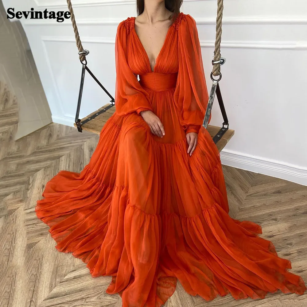 Sevintage Long Puff Sleeves Prom Dresses V-Neck Pleats Chiffon Princess Evening Gowns Women Party Dress Plus Size 2021