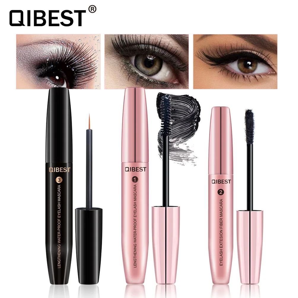 Qibest Fiber 4D Mascara Kit Thick Long Eyelash Grafting Eyelash Growth Liquid Makeup Cosmetic Gift for Women Hot Selling