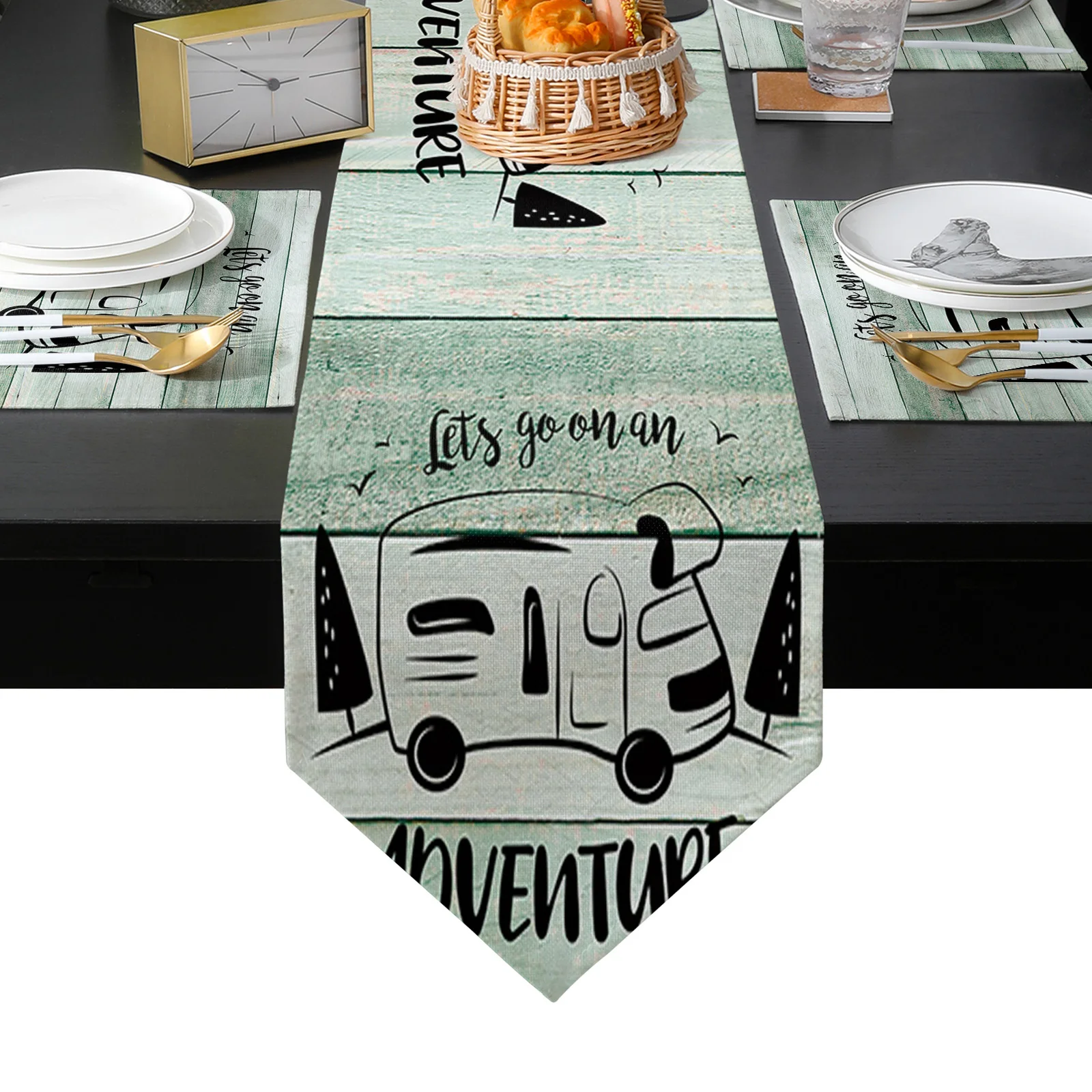 Настольная дорожка и подстилка в стиле ретро с зеленой текстурой древесины для