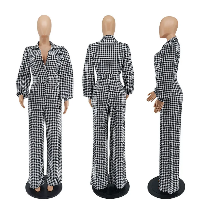 

Plus Size Jumpsuits Women Lapel One Piece Romper Elegant Bird Lattice Straight Trouser Jumpsuit With Sash Wholesale Dropshipping