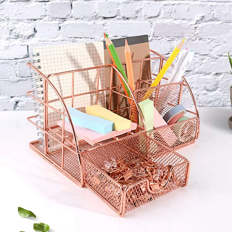

Rose Gold Desktop Organizer for Women, Mesh Desk Accessories,Office Supplies Holder with Drawer for Office Home and Dorm