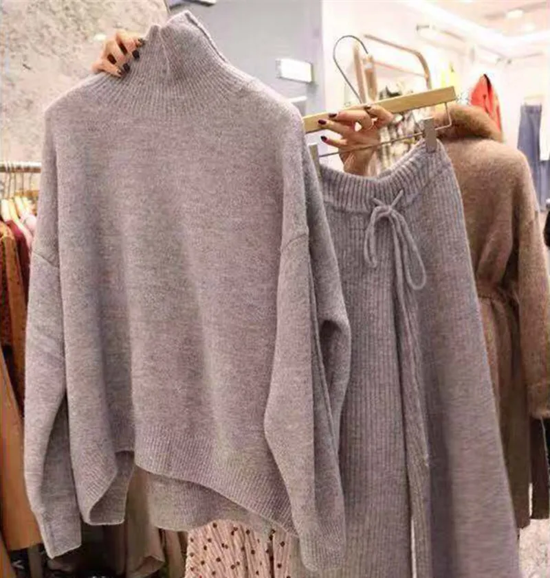 autumn winter turtleneck sweater and pullovers warm knitted 2 piece set elastic waist knit ants suit tracksuit loose | Женская одежда