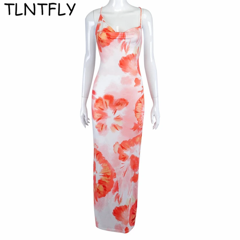 

Summer Light Dresses Women's Sundresses 2021 Fashion Sexy Print Tie-Dye Suspender Halter Strap Slim Long Dress Club Streetwear