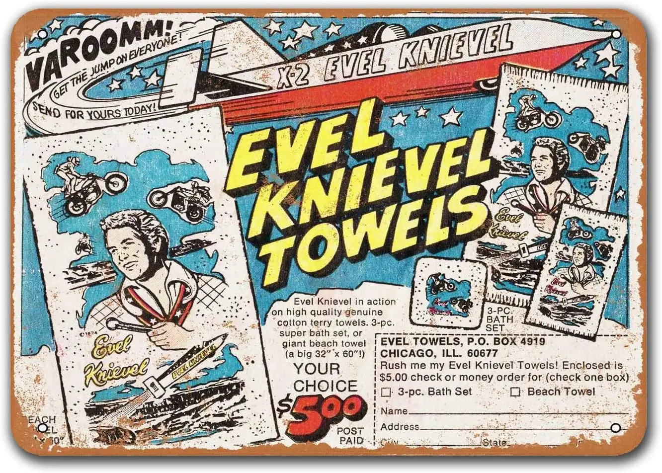

1975 Evel вязальные полотенца, жестяные фотообои, плакаты Sisoso, мужская пещера, паб, Ретро Декор стен 12x8 дюймов