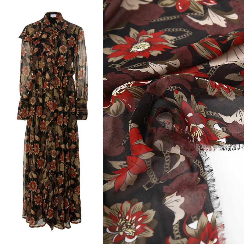 

Spring and summer dress women's fashion printing fabric digital printing black flower chiffon clothing fabric