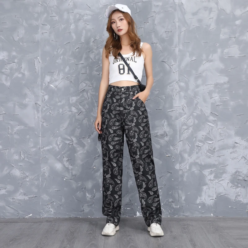 Осенне зимние уличные джинсы в стиле хип хоп с цветочным принтом кешью