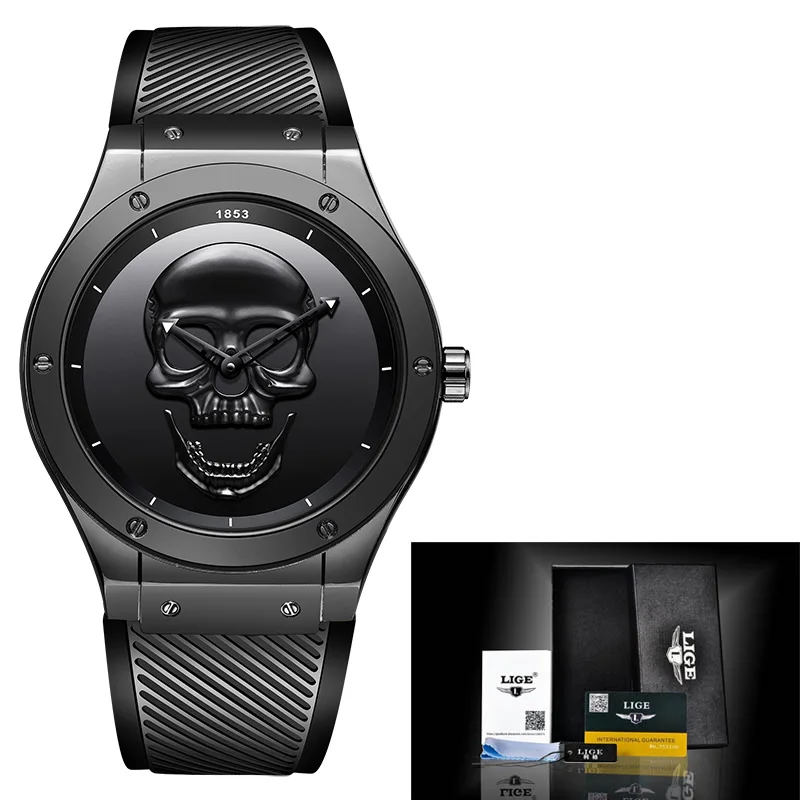 All black Новые крутые Панк 3D череп мужские часы бренд lige Роскошные Силиконовые кварцевые наручные часы водонепроницаемые ретро модные электронные часы Relogio - Цвет: All black