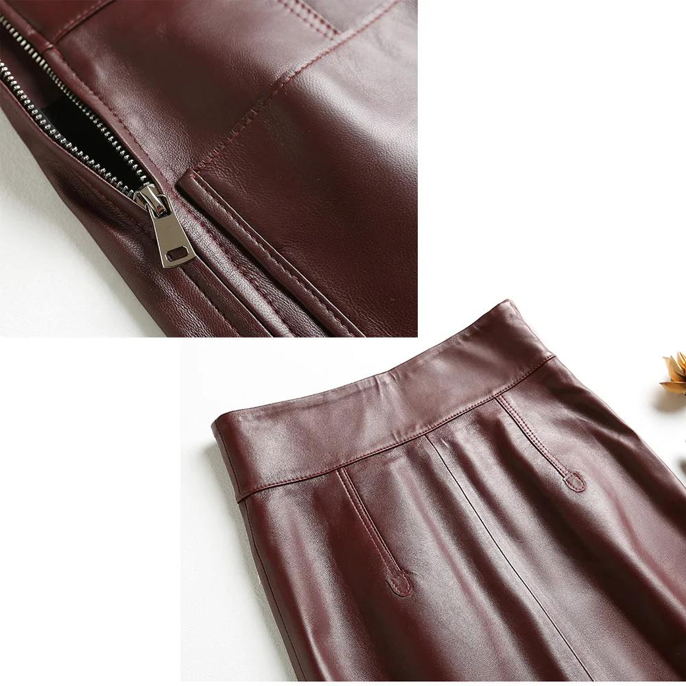 Spring Female Genuine Leather Skirts Women High Waisted Wrap Skirt Mujer Knee Long Wine Red/Black Split Sexy Saia With Pocket OL