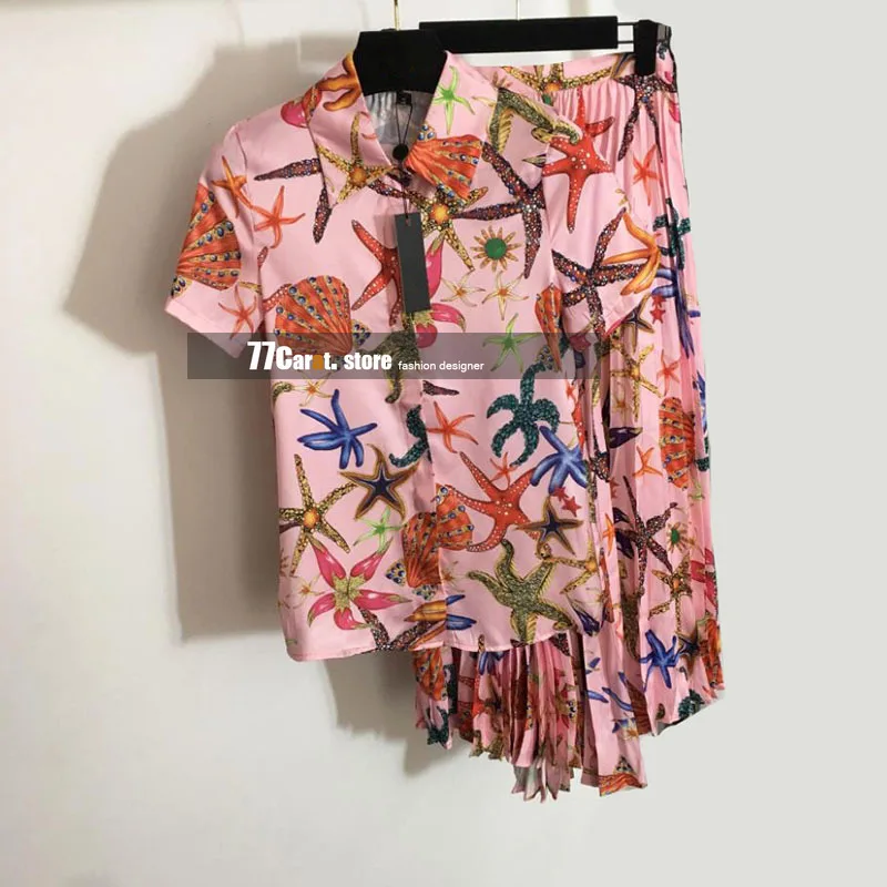 

new style fashion seas series outfits for women shell starfish print short sleeve top and pleated midi skirt 2 piece set clothes