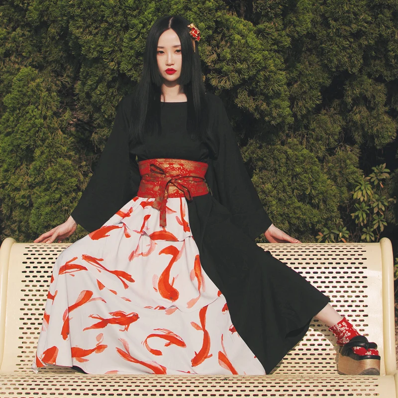 

Woman Japanese Kimono Style 2021 NEW Red carp Print Slash neck Splicing Dress Loose long dress