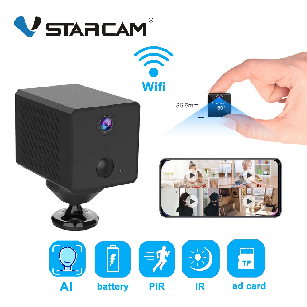 Мини Wi Fi камера Vstarcam 1080P с ИИ датчиком присутствия 1500 мАч аккумуляторная IP