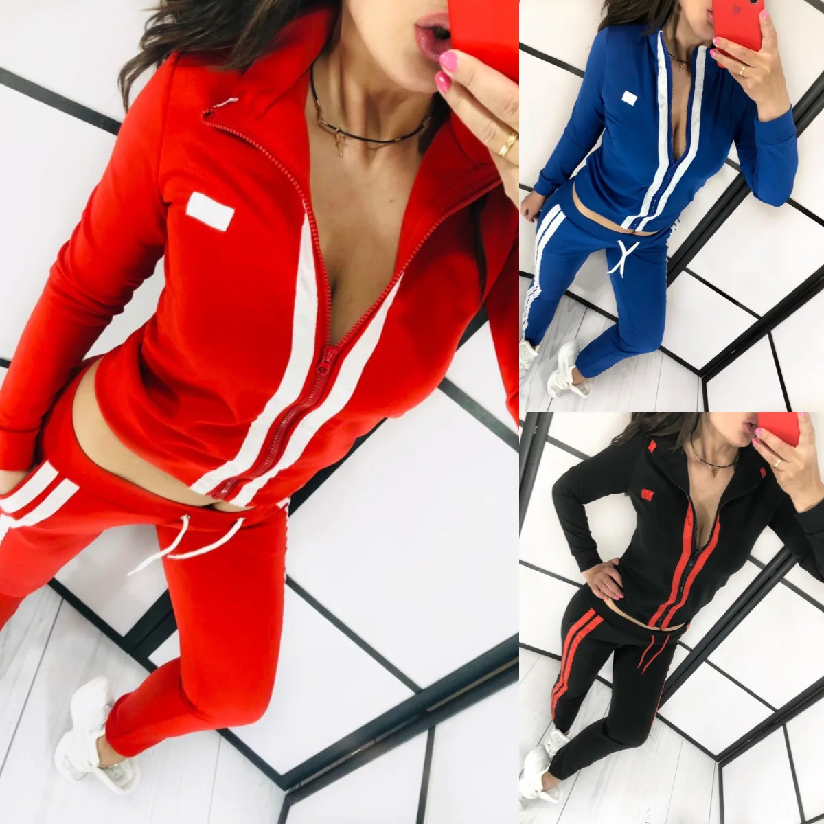 

European and American Fashion Women's Spring and Autumn New Zipper Long Sleeve Navel Exposed Sports Leisure Two-piece Set