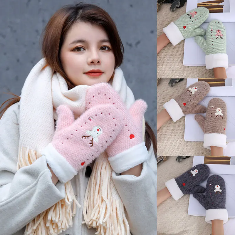 

Female Cute Embroidery Cartoons Elk Full Fingers Gloves Women Winter Plus Thick Velvet Cashmere Plush Wool Knit Warm Mittens