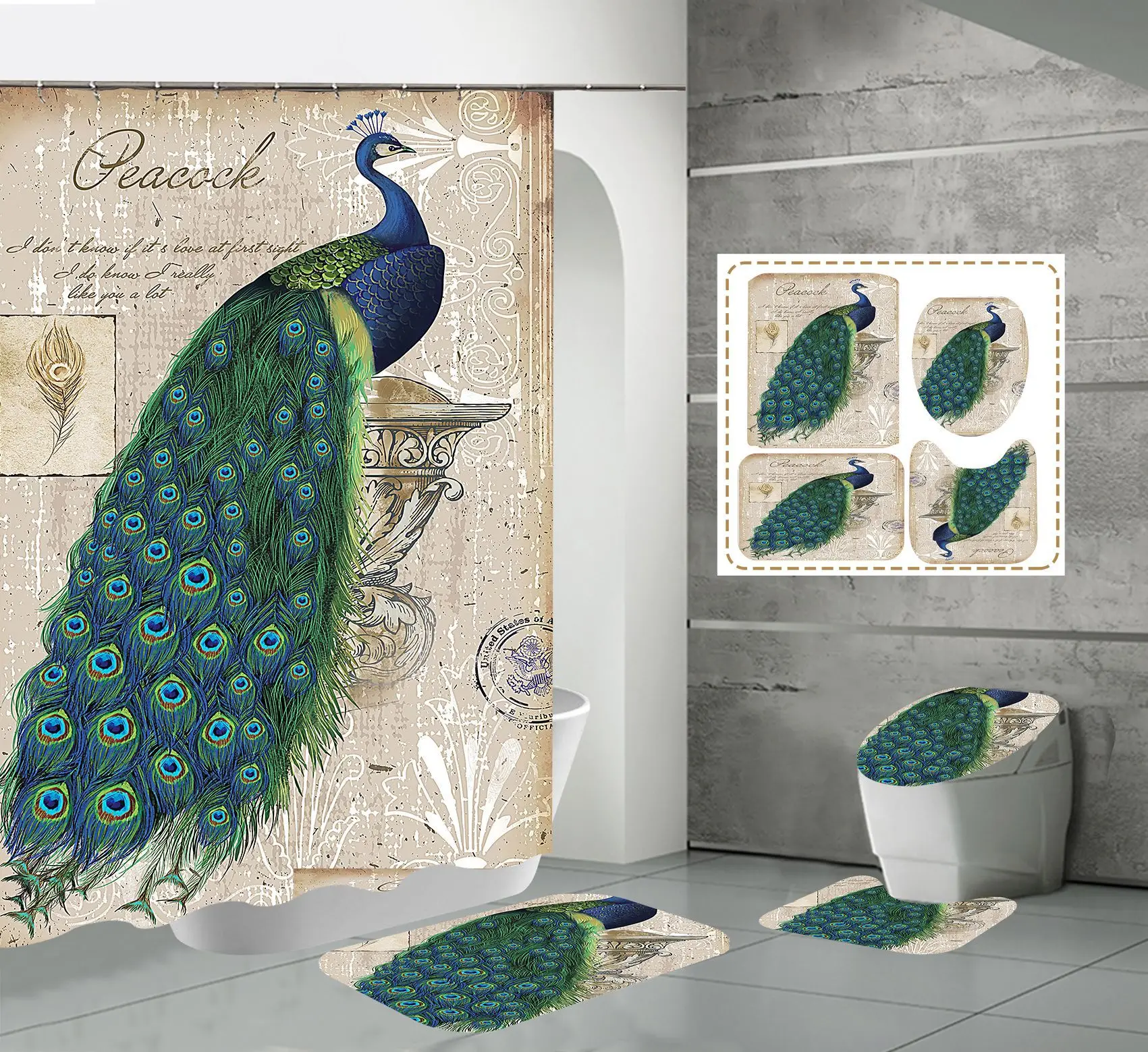

Beautiful Printing Shower Curtain Animal Bathroom Set Polyester Waterproof Non-Slip Bathroom Curtains Bathroom Carpet Home Decor
