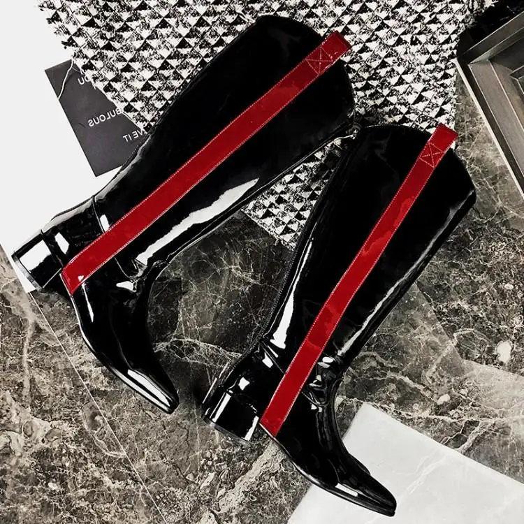 Buono Scarpe/женские высокие сапоги из лакированной кожи; брендовая Дизайнерская обувь на массивном каблуке; Разноцветные сапоги с острым носком; женская обувь; Большой размер 42