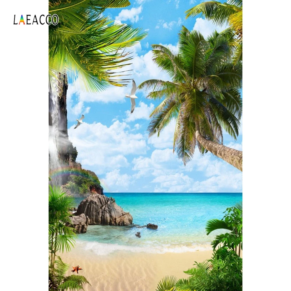 Фоны Laeacco для детской фотосъемки летние приморские пляжные пальмы дерево