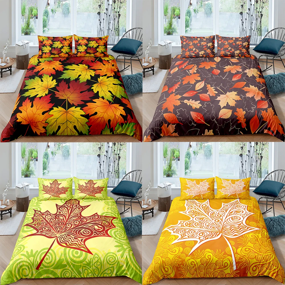 

3D Maple Leaf Bedding Sets Autumn Plant Scenery Printed Comforter Set Duvet Cover Pillowcase Queen King Size 2/3Pcs Bedclothes