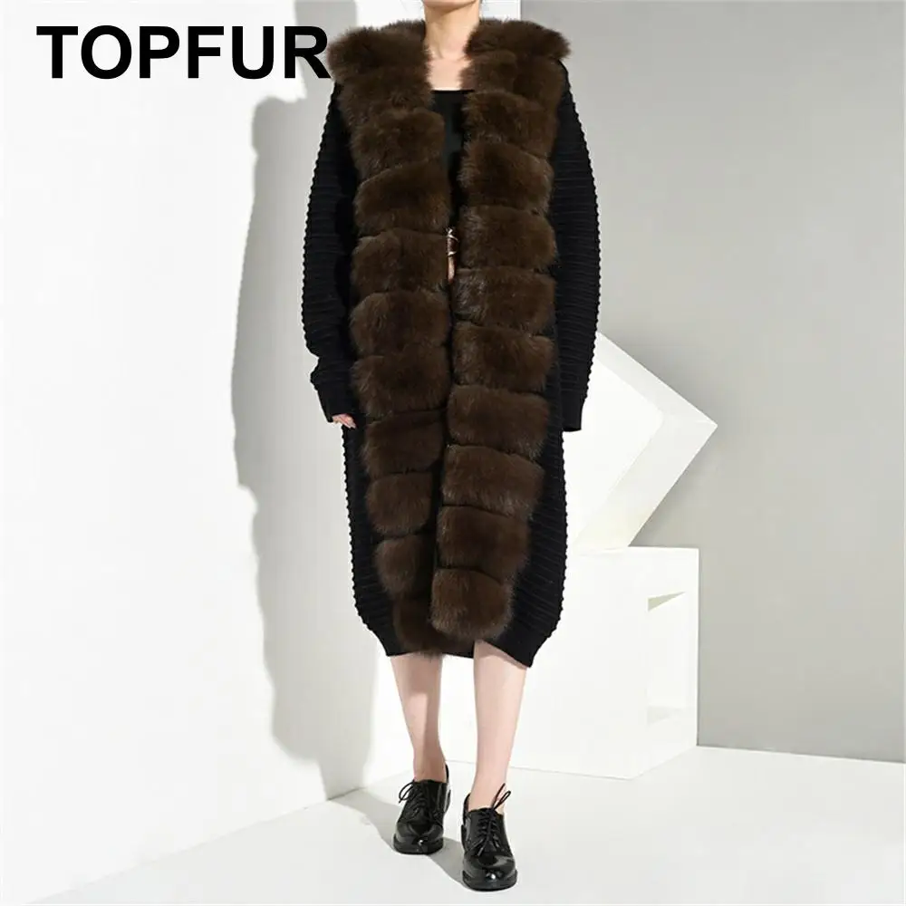 

TOPFUR Fashion Black Knitted With Belt Real Fur Coat Women Natural Fox Fur Coat With Fox Fur Collar Slim Long Clothes