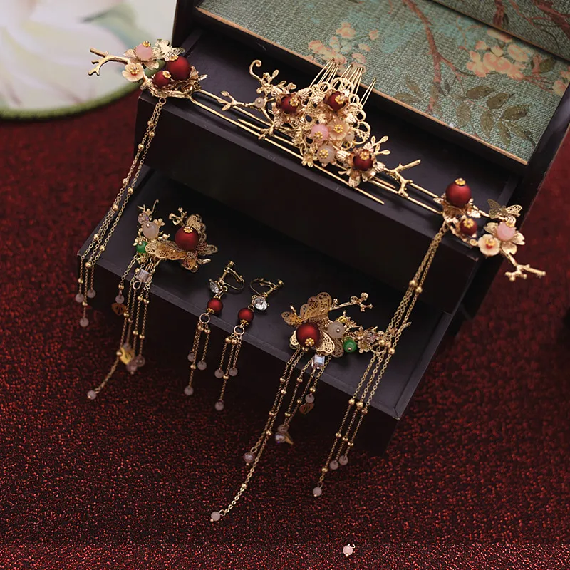 Свадебный головной убор невесты в китайском стиле винтажный аксессуар для волос