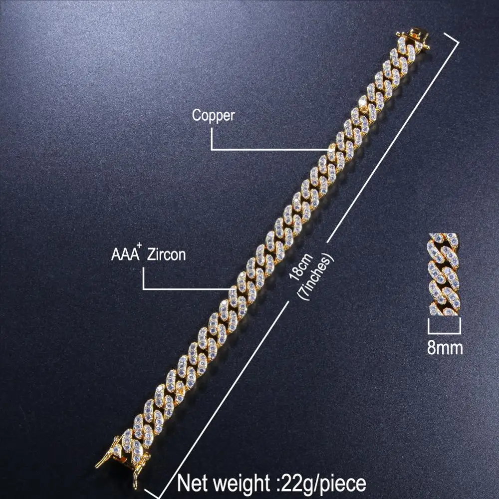 

New 8 Mm Hot Selling Iced Zircon Cuban Chain Bracelet Hip Hop Jewelry Gold Color Copper Material CZ Clasp Mens Chain Anklet Link