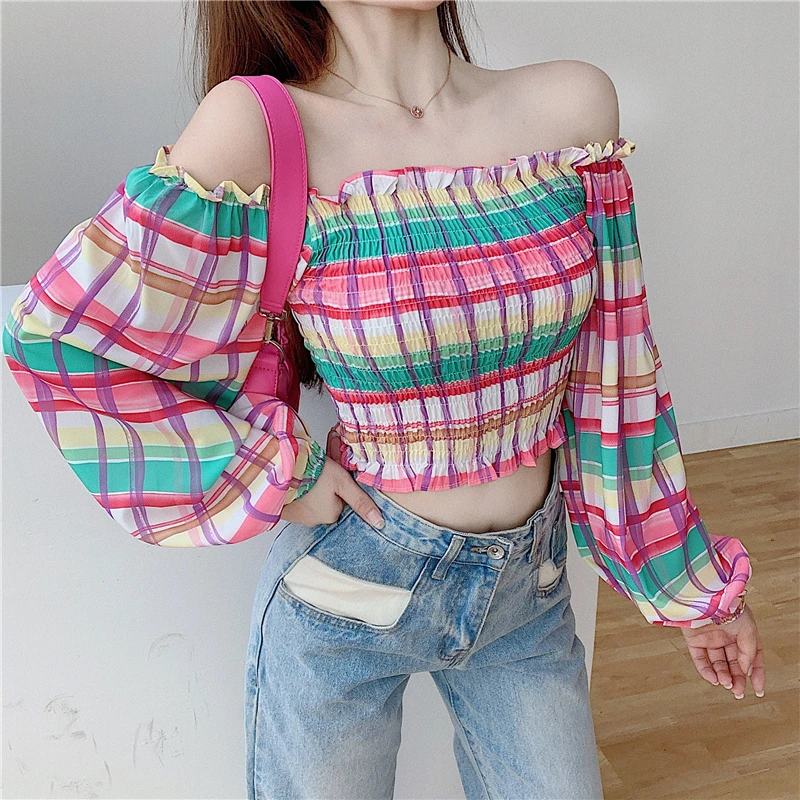 

2021 Womens Tops and Blouses Sexy Solid Color Off Shoulder Ruff Sleeve Long Sleeve Ruffled Women Blouse Women Shirts