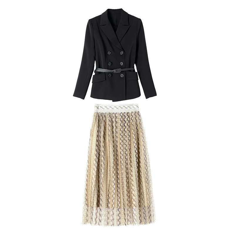 

Autumn Winter New Brand Designer Casual Two Piece Set for Ladies Black Blazer and Pleated Chiffon Dot Skirt Women Elegant Suit