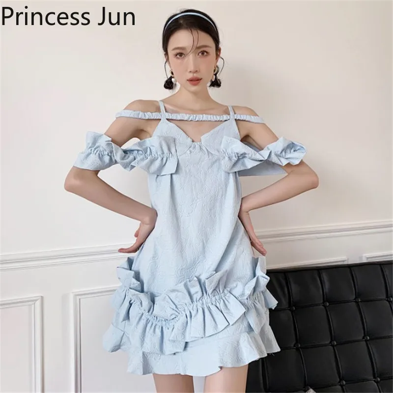 

Summer French Ruffled Princess Dress Sexy Slash Neck Sexy Cold Shoulder Sky Blue Mini Dress Holiday Sweet Suspender A Line Dress