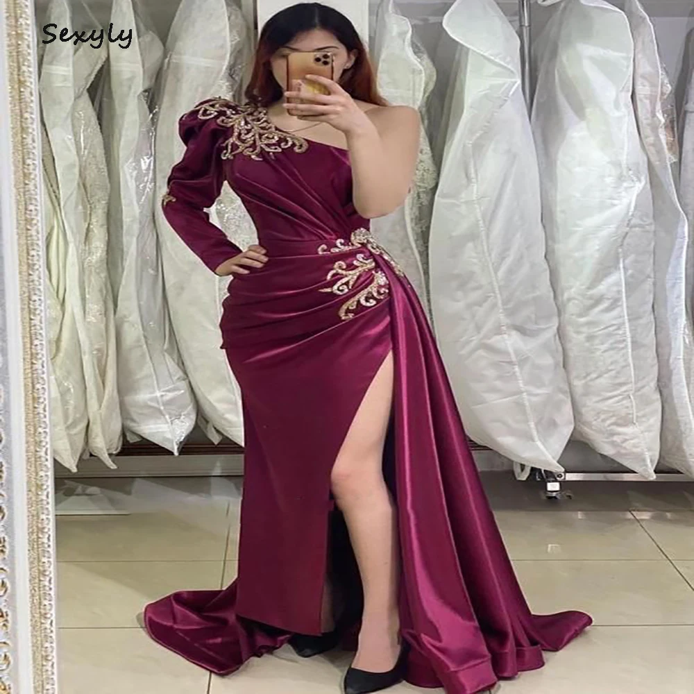 

Женское атласное вечернее платье, Элегантное Длинное платье с одним открытым плечом и длинным рукавом, расшитое бисером, с разрезом, в пол, д...