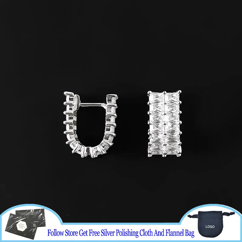 

925 Sterling Silver Earrings Horse eye drill U-shaped Double Row Hoop Earrings Korean Exquisite Fashion Luxury Jewelry Brand New