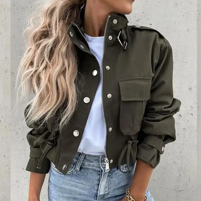 

Casual Punk Buckle Stand Neck Jackets Women Fashion Street Button Pocket Zip Coats Autumn Winter Lady Long Sleeve Tops Outerwear