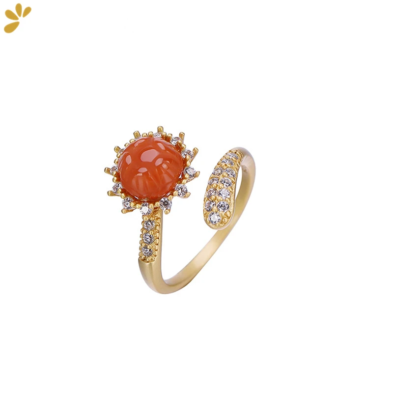 

925 Sterling Silver Goldplated Agate Flower Zircon Women's Ring Natural Gemstone Resizable Rings Fine Jewelry Simple Trendy Gift