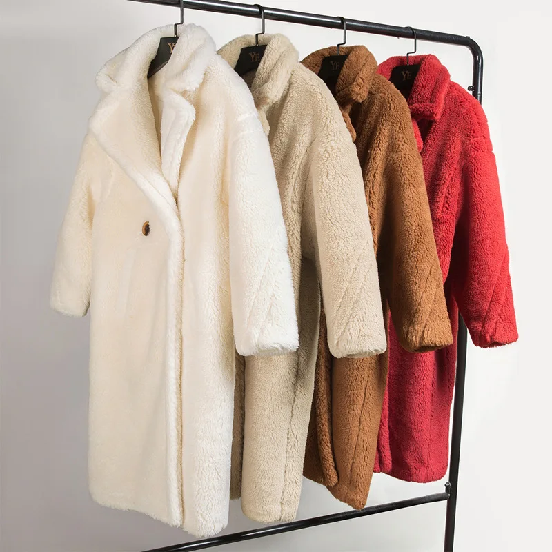 

2021 New Winter Warm Faux Fur Wool Women Coats Thick Long V Neck Loose Casual Chic Bear Color Female Overcoats Casaco Feminino