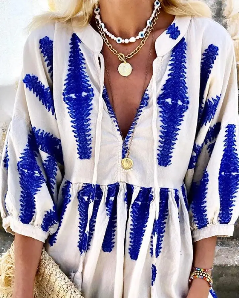 

Plus Size Women Dress Printed Half Sleeve Vintage French Retro Stitching Dreses V-neck Midi-length Summer Dress Vestidos Mujer