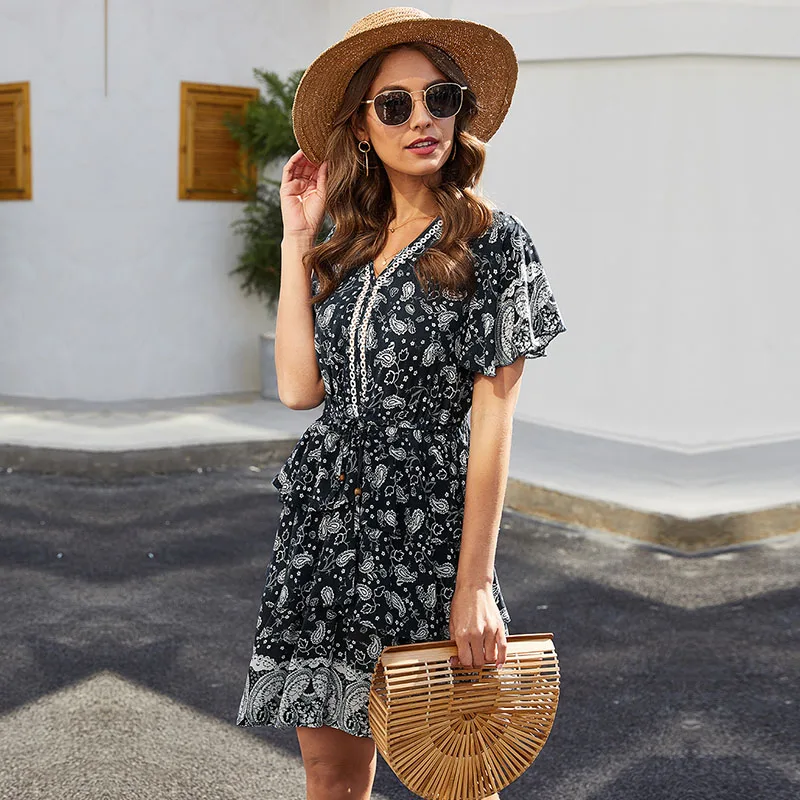 

Women's Casual 2021 New Spring Summer Ladies Dress Print V Neck Short Sleeve Fold Vintage Sexy Casual Female Dress