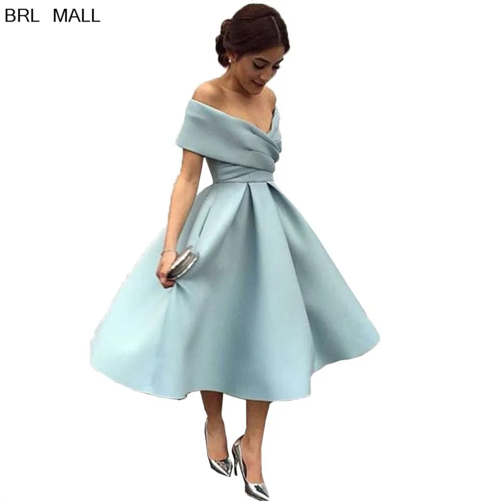 

Tea Length Blue Satin Prom Dresses 2020 Off Shoulder Formal Evening Dress Cheap Short Homecoming Party Dress vestido de fiesta
