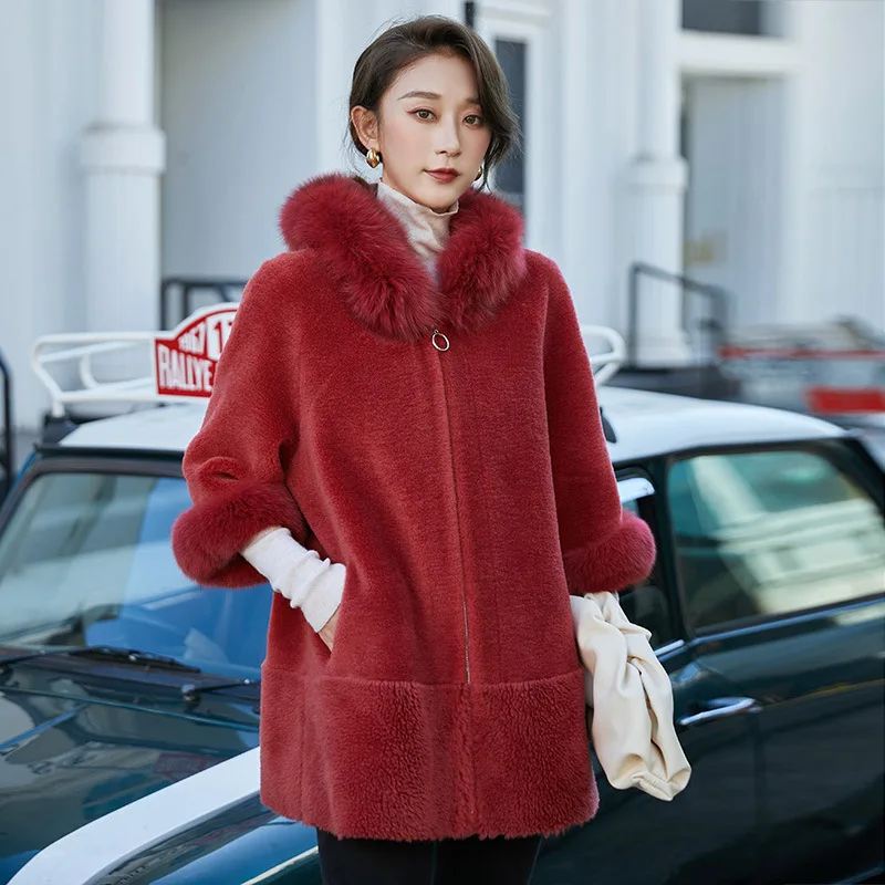 Real Natural  Fox Fur Collar Sheepskin Coat Red Fashion New Hooded Coats Winter High Quality 100% Wool Women's Shearing Jacket