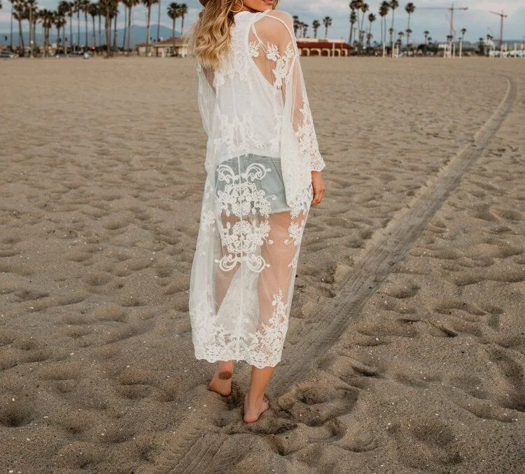 

2021 spring seaside vacation long loose bikini gauze lace shirt embroidered cardigan