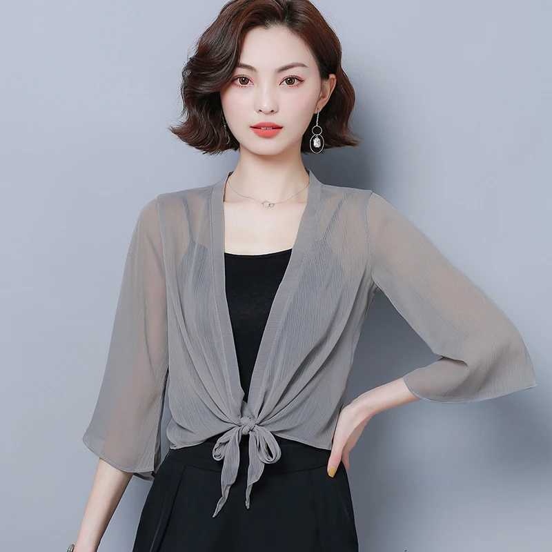 Summer Chiffon Blouses Kimono Cardigan Mesh Transparent Sunscreen Women Beach Cover Up Outwear Plus Size Bow Wrap Shirt |